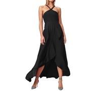 Generisch Abito da donna senza maniche con fettuccia sul collo, in tinta unita, elegante, maxi abito con volant, design avvolgente, spacco laterale, abito da sera estivo, abito da cocktail, Z-01 Nero