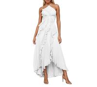 Generisch Abito da donna senza maniche con fettuccia sul collo, in tinta unita, elegante, maxi abito con volant, design avvolgente, spacco laterale, abito da sera estivo, abito da cocktail, bianco, XL