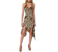 Generisch Abito da donna vintage leopardato senza schiena design irregolare spalline sottili abito midi abito da festa donna, cachi, L
