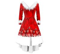 Generisch Abito da festa asimmetrico da donna a maniche lunghe con scollo a V 2025, Colore: rosso, L