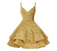 Generisch Abito da festa da donna, elegante, con spalline sottili, con paillettes, abito corto lucido, abito da principessa, a vita alta, per feste, Oktoberfest, A oro., 46