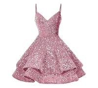 Generisch Abito da festa da donna, elegante, con spalline sottili, con paillettes, abito corto lucido, abito da principessa, a vita alta, per feste, Oktoberfest, A rosa., 38