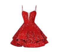 Generisch Abito da festa da donna, elegante, con spalline sottili, con paillettes, abito corto lucido, abito da principessa, a vita alta, per feste, Oktoberfest, Colore: rosso, 38