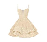 Generisch Abito da festa da donna, elegante, con spalline sottili, con paillettes, abito corto lucido, abito da principessa, a vita alta, per feste, Oktoberfest, beige., 38