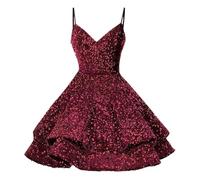 Generisch Abito da festa da donna, elegante, con spalline sottili, con paillettes, abito corto lucido, abito da principessa, a vita alta, per feste, Oktoberfest, A vino., 38