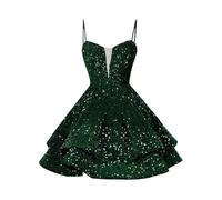 Generisch Abito da festa da donna, elegante, con spalline sottili, con paillettes, abito corto lucido, abito da principessa, a vita alta, per feste, Oktoberfest, verde, 46