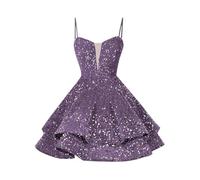 Generisch Abito da festa da donna, elegante, con spalline sottili, con paillettes, abito corto lucido, abito da principessa, a vita alta, per feste, Oktoberfest, Lilla, 46