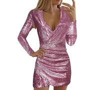 Generisch Abito da festa da donna, sexy, con paillette, a maniche lunghe e scollo a V, elegante mini abito lucido, slim fit per clubwear, O Rosa Caldo, M