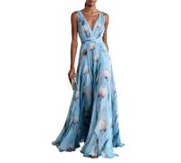 Generisch Abito da festa lungo da donna, linea ad A, elegante, per matrimonio, in chiffon, scollo a V, per feste, maxi abito da ballo, senza maniche, con fiori, per la primavera, Blu, M
