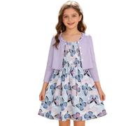 Generisch Abito da ragazza in due pezzi stagionale e cardigan con motivo floreale: abito leggero senza maniche e cardigan abbinato per un outfit elegante, Lilla, 9-10 Jahre