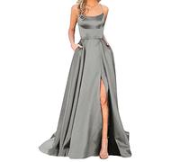 Generisch Abito da sera da donna, elegante, lungo, abito da matrimonio, sexy, con spalline sottili, abito da ballo con tasche, in raso, tinta unita, abito da cocktail con spacco, maxi abito da