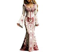 Generisch Abito da sera da donna, lungo, gotico, scheletro, con maniche a tromba, scollo sulla schiena, abito da ballo, elegante abito da vampiro, abito da strega, abito medievale, maxi abito per