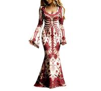 Generisch Abito da sera da donna, lungo, gotico, scheletro, con maniche a tromba, scollo sulla schiena, abito da ballo, elegante abito da vampiro, abito da strega, abito medievale, maxi abito per