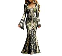Generisch Abito da sera da donna, lungo, gotico, scheletro, con maniche a tromba, scollo sulla schiena, abito da ballo, elegante abito da vampiro, abito da strega, abito medievale, maxi abito per