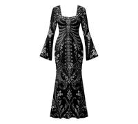 Generisch Abito da sera da donna, lungo, gotico, scheletro, con maniche a tromba, scollo sulla schiena, abito da ballo, elegante abito da vampiro, abito da strega, abito medievale, maxi abito per