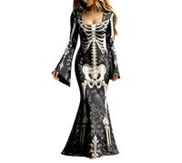 Generisch Abito da sera da donna, lungo, gotico, scheletro, con maniche a tromba, scollo sulla schiena, abito da ballo, elegante abito da vampiro, abito da strega, abito medievale, maxi abito per