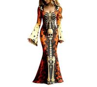 Generisch Abito da sera da donna, lungo, gotico, scheletro, con maniche a tromba, scollo sulla schiena, abito da ballo, elegante abito da vampiro, abito da strega, abito medievale, maxi abito per