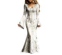 Generisch Abito da sera da donna, lungo, gotico, scheletro, con maniche a tromba, scollo sulla schiena, abito da ballo, elegante abito da vampiro, abito da strega, abito medievale, maxi abito per