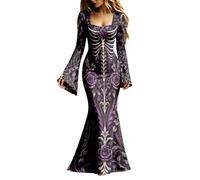 Generisch Abito da sera da donna, lungo, gotico, scheletro, con maniche a tromba, scollo sulla schiena, abito da ballo, elegante abito da vampiro, abito da strega, abito medievale, maxi abito per
