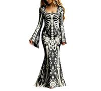 Generisch Abito da sera da donna, lungo, gotico, scheletro, con maniche a tromba, scollo sulla schiena, abito da ballo, elegante abito da vampiro, abito da strega, abito medievale, maxi abito per