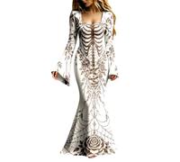 Generisch Abito da sera da donna, lungo, gotico, scheletro, con maniche a tromba, scollo sulla schiena, abito da ballo, elegante abito da vampiro, abito da strega, abito medievale, maxi abito per