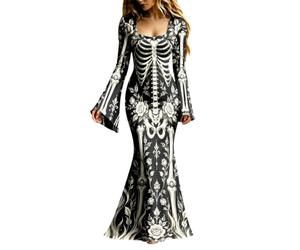 Generisch Abito da sera da donna, lungo, gotico, scheletro, con maniche a tromba, scollo sulla schiena, abito da ballo, elegante abito da vampiro, abito da strega, abito medievale, maxi abito per