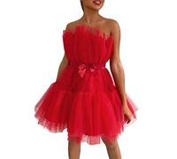 Generisch Abito da sera da donna, plissettato, in rete, mini abito da sposa, elegante, da cocktail, da principessa, Colore: rosso, M