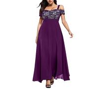 Generisch Abito da sera da donna, taglie grandi, con spalle scoperte, in chiffon, in pizzo, elegante, per feste, leggero, traspirante, per il tempo libero, per la spiaggia, per feste, Lilla, 3XL