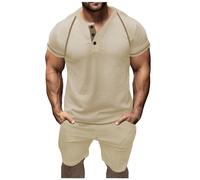 Generisch Abito da uomo alla moda dal taglio stretto con scollo a V con fibbia per abiti estivi eleganti, cachi, S