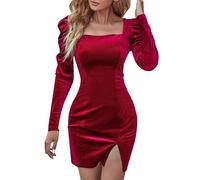 Generisch Abito di Natale da donna, abito invernale in velluto, a maniche lunghe, elegante, da sera, con colletto quadrato, sexy, per feste, mini abito da cocktail, abito corto, O rosso., S