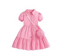Generisch Abito estivo da bambina con maniche a sbuffo, alla moda, per la scuola e le piccole principesse, arioso per tutti i giorni o all'aperto, Colore: rosa., 5-6 Anni