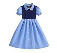 Generisch Abito estivo da bambina con top rimovibile senza maniche, maniche a sbuffo, outfit alla moda in due pezzi per il tempo libero, Blu, 5-6 Anni