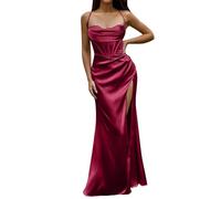 Generisch Abito estivo da donna, abito da cocktail, corsetto sexy, maxi abito in seta, con push up e fischietto increspato, da sera, da donna, estivo, elegante, stretto con spacco, Colore: rosso, S