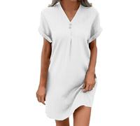 Generisch Abito estivo da donna, con bottoni, lunghezza al ginocchio, abito da spiaggia, tinta unita, comodo, bohémien, estivo, per il tempo libero, Bianco C, M