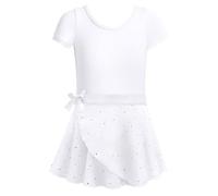 Generisch Abito estivo da donna con design a cuore, 2 pezzi, per balletto, allenamento, ginnastica, costume performance, vestito a maniche corte tutto l'anno, bianco, 5-6 Anni