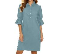 Generisch Abito estivo da donna, elegante, a mezza manica, con scollo a V, abito per il tempo libero, tinta unita, abito corto, arioso, estivo, da spiaggia, con tasche, abito in lino, Azzurro, XXL