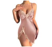 Generisch Abito estivo da donna elegante seta come sexy camicia da notte estiva sottile stile traspirante Sling abito per la casa, Colore: rosa., L