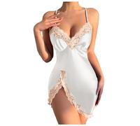 Generisch Abito estivo da donna elegante seta come sexy camicia da notte estiva sottile stile traspirante Sling abito per la casa, bianco, XL