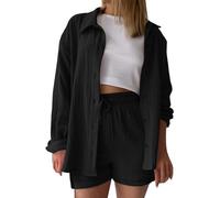 Generisch Abito estivo da donna, in due pezzi, elegante, in mussola, a maniche lunghe, in lino, con 2 pezzi, leggero, traspirante, per il tempo libero, B-nero, L