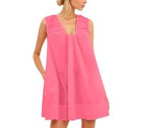 Generisch Abito estivo da donna, senza maniche, con scollo a U, mini abito da donna con design a pieghe, pratica tasca come abito estivo che scorre per un comodo uso quotidiano, rosa intenso, XXL