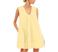 Generisch Abito estivo da donna, senza maniche, con scollo a U, mini abito da donna con design a pieghe, pratica tasca come abito estivo che scorre per un comodo uso quotidiano, giallo., XL