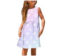 Generisch Abito estivo da ragazza alla moda per ragazze, carino per la primavera e l'estate, stampato, girocollo, senza maniche, abito casual (3), Lilla, 8-9