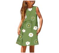 Generisch Abito estivo da ragazza alla moda per ragazze, carino per la primavera e l'estate, stampato, girocollo, senza maniche, abito casual (3), verde, 3-4