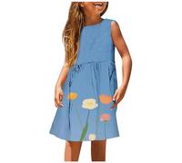 Generisch Abito estivo da ragazza alla moda per ragazze, carino per la primavera e l'estate, stampato, girocollo, senza maniche, abito casual (3), Blu, 3-4