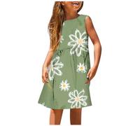 Generisch Abito estivo da ragazza alla moda per ragazze, carino per la primavera e l'estate, stampato, girocollo, senza maniche, abito casual (3), Verde menta, 9-10