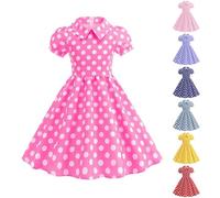 Generisch Abito estivo da ragazza, per bambini, vintage, a pois, con scollo rotondo, maniche a sbuffo, con chiusura lampo, in cotone, elegante, per feste, Lilla, 130 cm