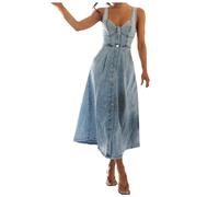 Generisch Abito estivo lungo da donna, con bottoni anteriori, per un abito casual primavera/estate, festival, inverno, Blu, L
