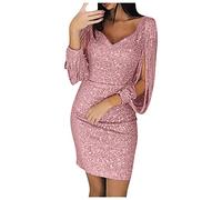 Generisch Abito glitterato, con paillette, abito da donna, abito da festa, abito corto in argento nero, con paillettes, a maniche lunghe, da cocktail, elegante, sexy, da sposa, per feste, da sera 43