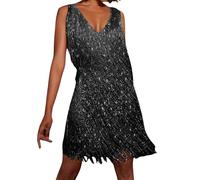 Generisch Abito glitterato da donna Tina Turner con frange, ocra/oro, abito da discoteca 70s, costume da donna anni '20 Charleston, B02 nero, L