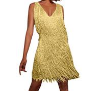 Generisch Abito glitterato da donna Tina Turner con frange, ocra/oro, abito da discoteca 70s, costume da donna anni '20 Charleston, B03 Gold, XXL